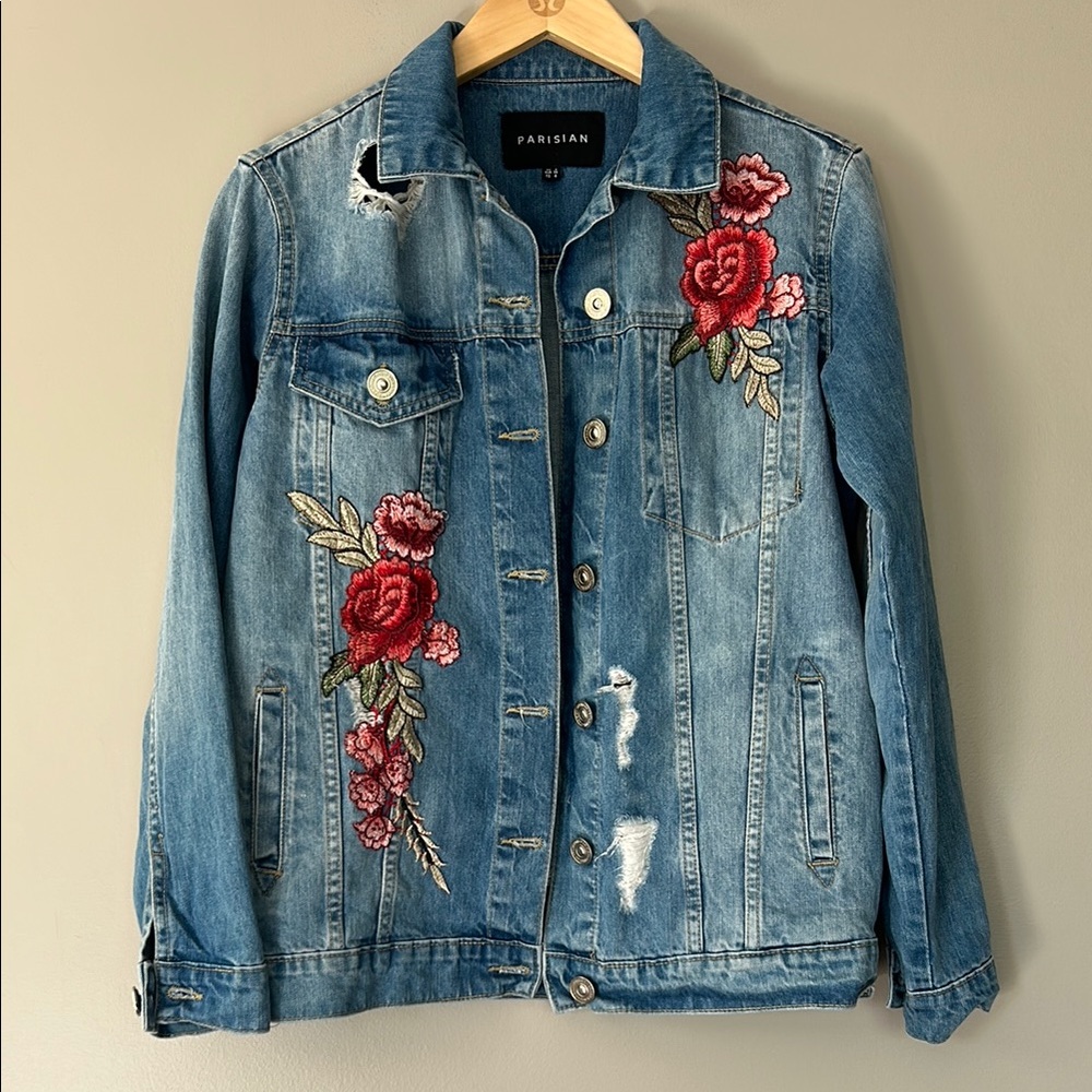 Parisian Floral Embroidered Jean Jacket US Size 4 Oversized/Relaxed Denim‎ Coat